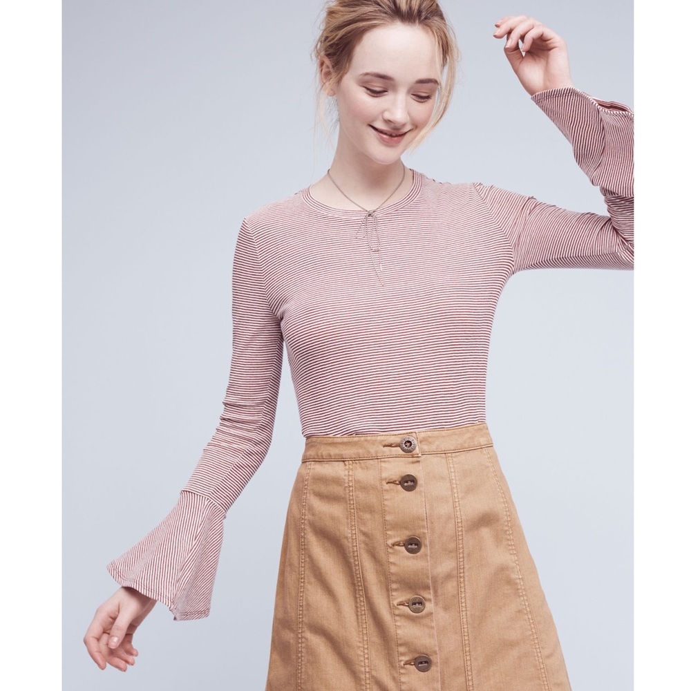 Anthropologie RO & DE Toastworthy Burgundy Stripe Bell Sleeve Top NWT Small